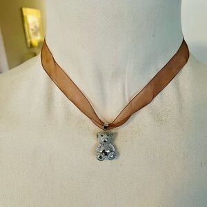 Teddy Bear Necklace CZ Bear on Brown Silk Ribbon Sterling Silver Clasp NWT
